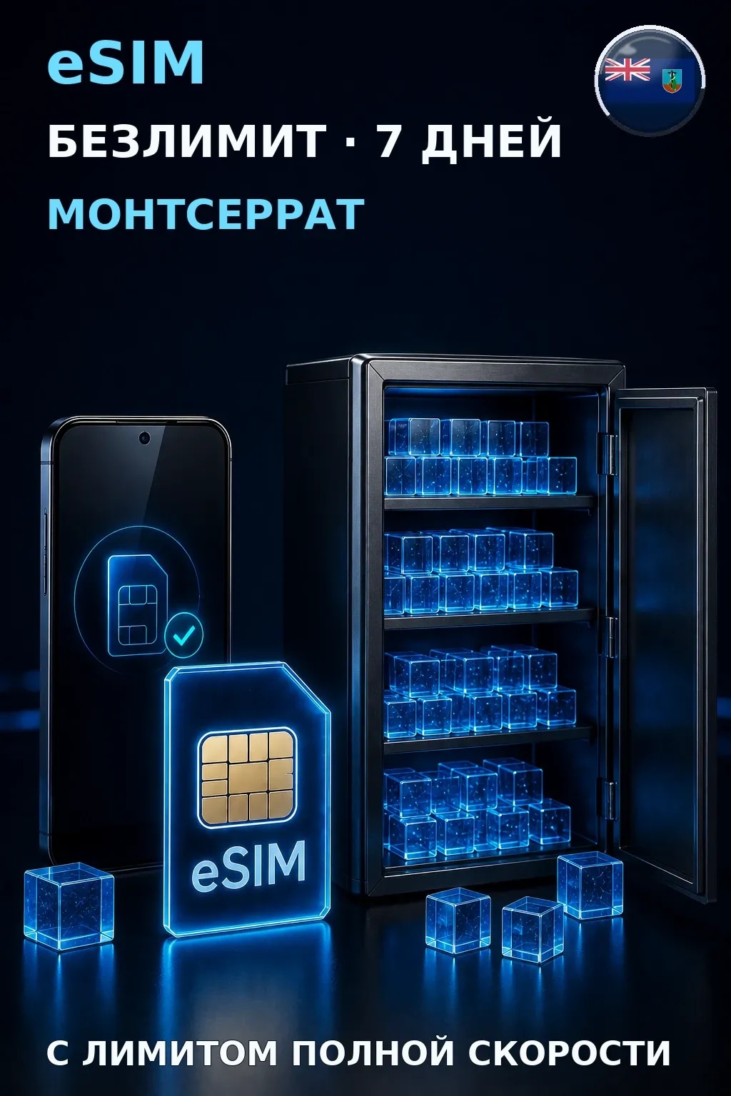 eSIM Монтсеррат — БЕЗЛИМИТ, 7 дней — интернет